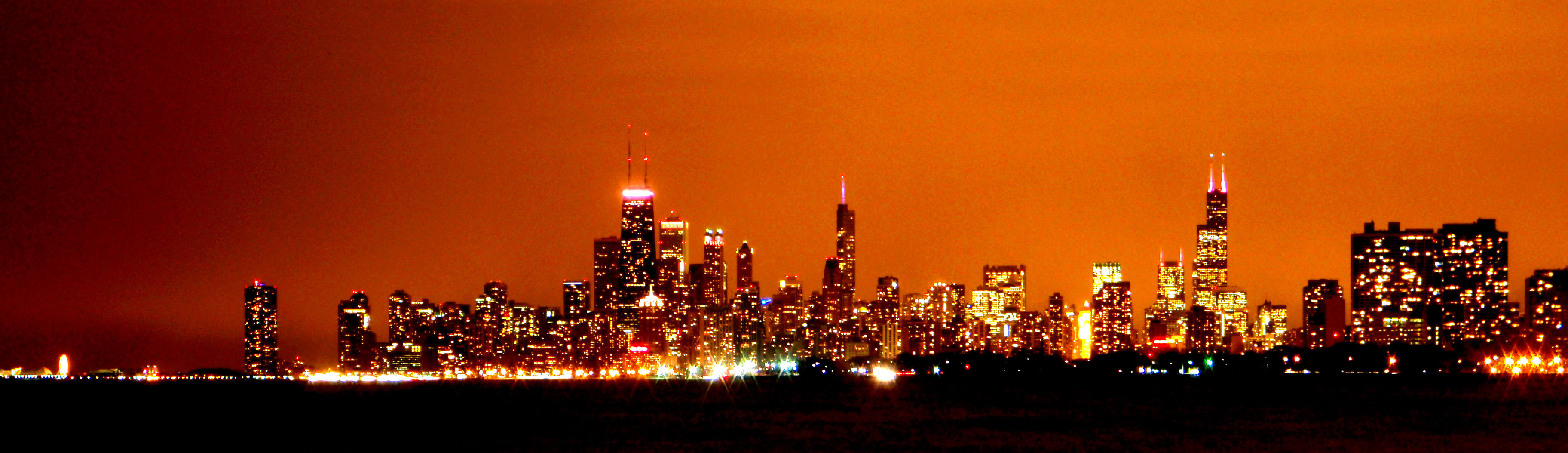 Chicago skyline at night, chicago yellow glow